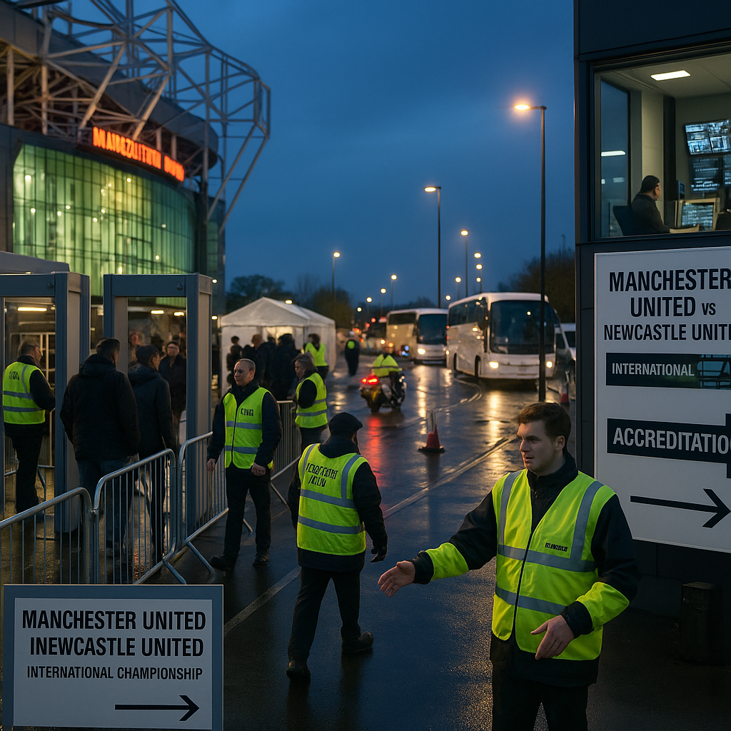 Wide-angle editorial photo of pre-match stadium operations before Manchester United vs Newcastle United: stewards
