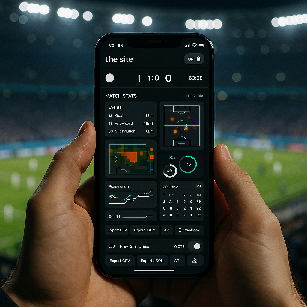 Close-up photo of a smartphone showing a live football analytics app with heatmaps, xG